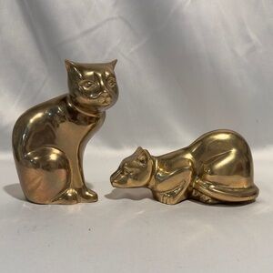 Vintage Solid Brass Cats Figures Mid-Century Modern 6”H, 7”L